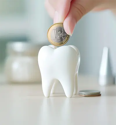 Symbolischer Zahn als Sparbüchse, in den eine Hand eine 1-Euro-Münze einwirft – Fokus auf Zahnersatzkosten und Vorsorge.
